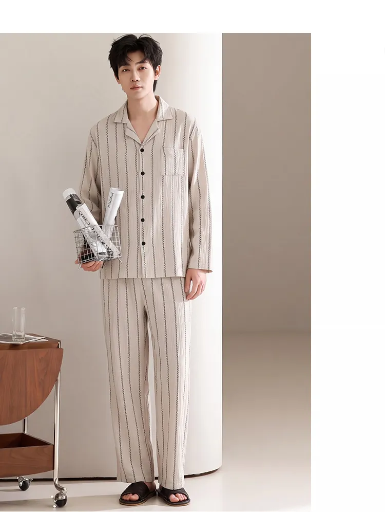 Men's Cotton Gauze Pajama Set, Open-Front Long Sleeve Top and Long Pants, Four Sizes L-3XL · Wholesale · OEM · Worldwide Shipping - Detail 8