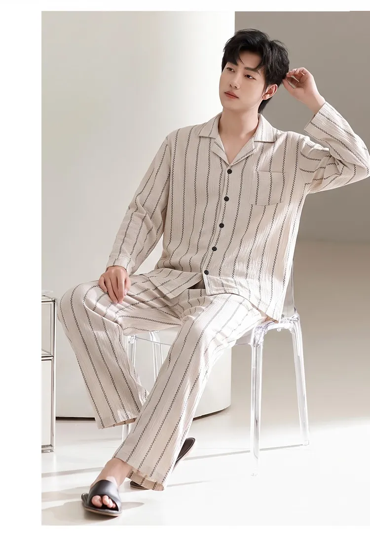 Men's Cotton Gauze Pajama Set, Open-Front Long Sleeve Top and Long Pants, Four Sizes L-3XL · Wholesale · OEM · Worldwide Shipping - Detail 9