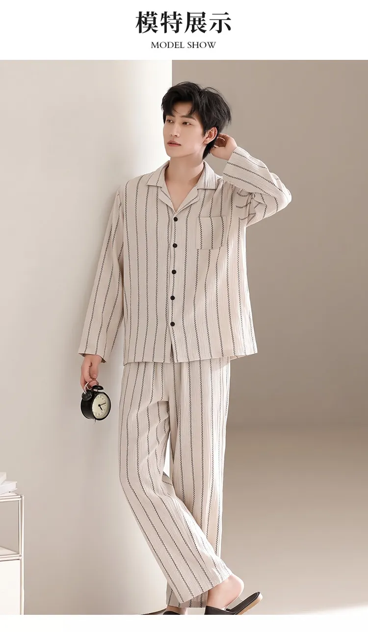 Men's Cotton Gauze Pajama Set, Open-Front Long Sleeve Top and Long Pants, Four Sizes L-3XL · Wholesale · OEM · Worldwide Shipping - Detail 4