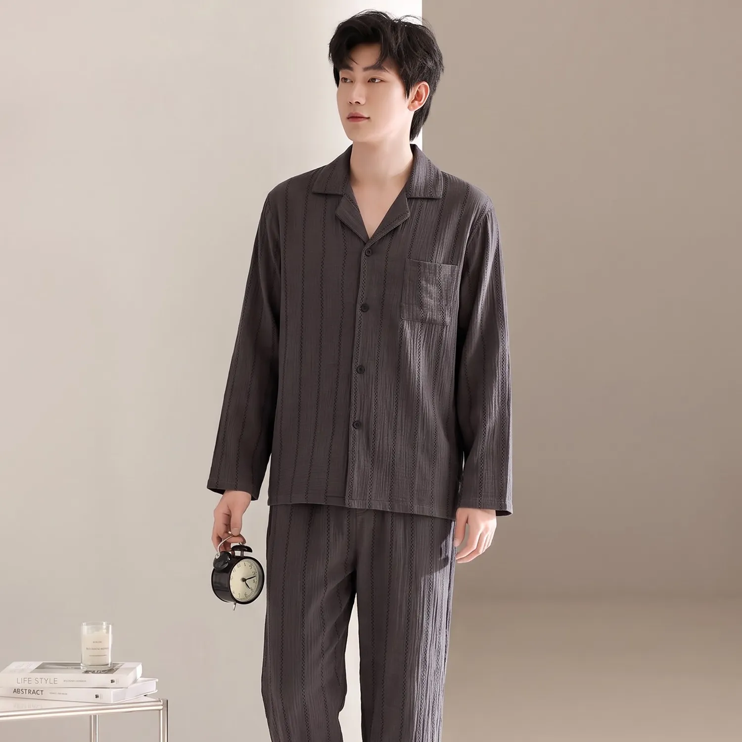 파자마 남성 면사 오픈 카라 남성복 투피스 롱 세트 L-3XL 네 가지 사이즈 · 도매 · OEM · 전 세계 배송 - View 4
