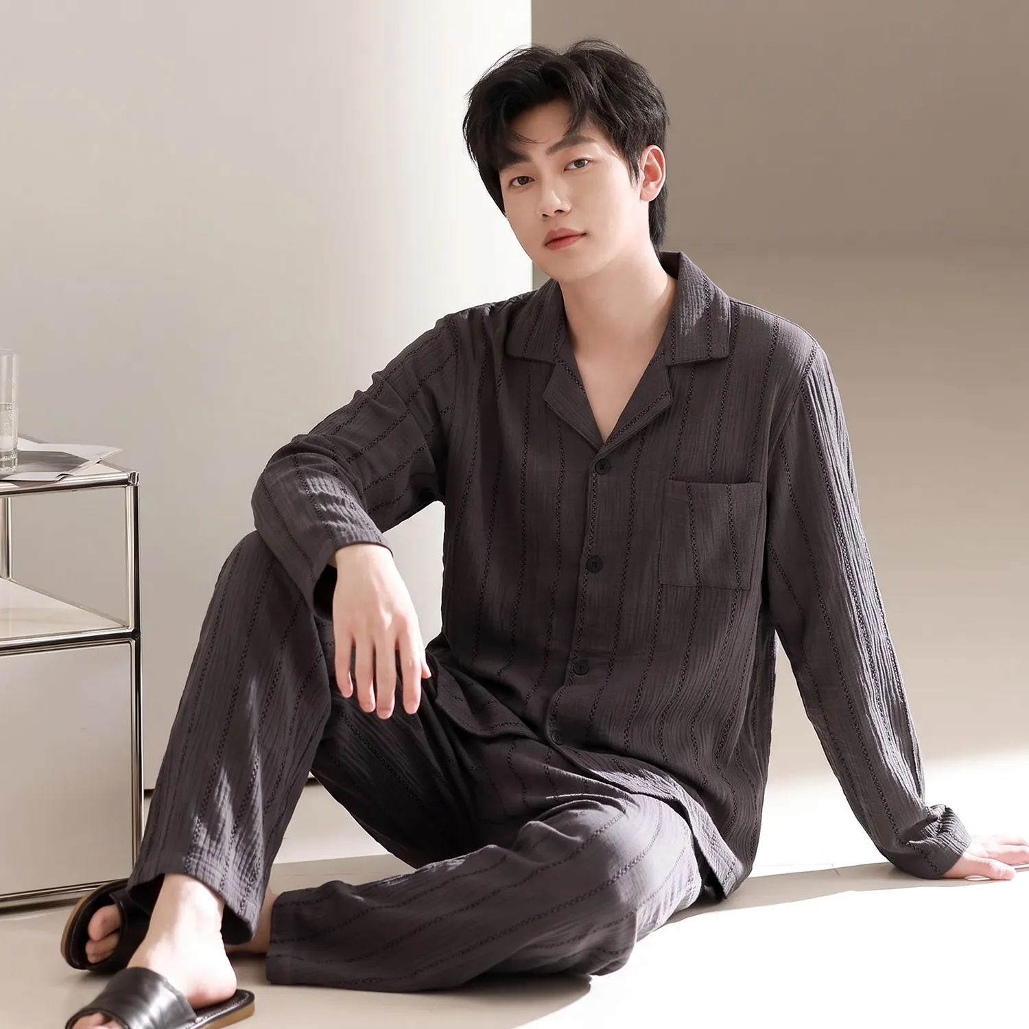 Men's Pajamas Cotton Yarn Open-Front Two-Piece Long Set L-3XL Four Sizes · Wholesale · OEM · Worldwide Shipping