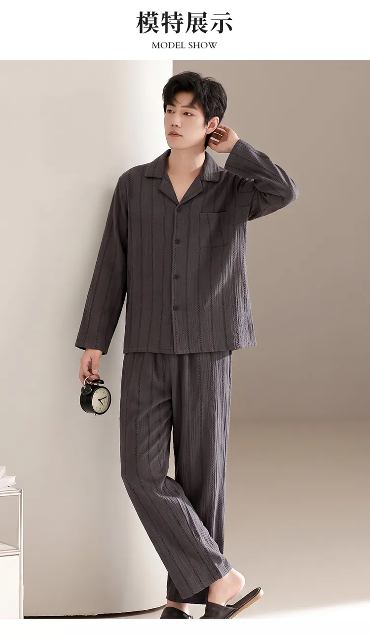 파자마 남성 면사 오픈 카라 남성복 투피스 롱 세트 L-3XL 네 가지 사이즈 · 도매 · OEM · 전 세계 배송 - Detail 4