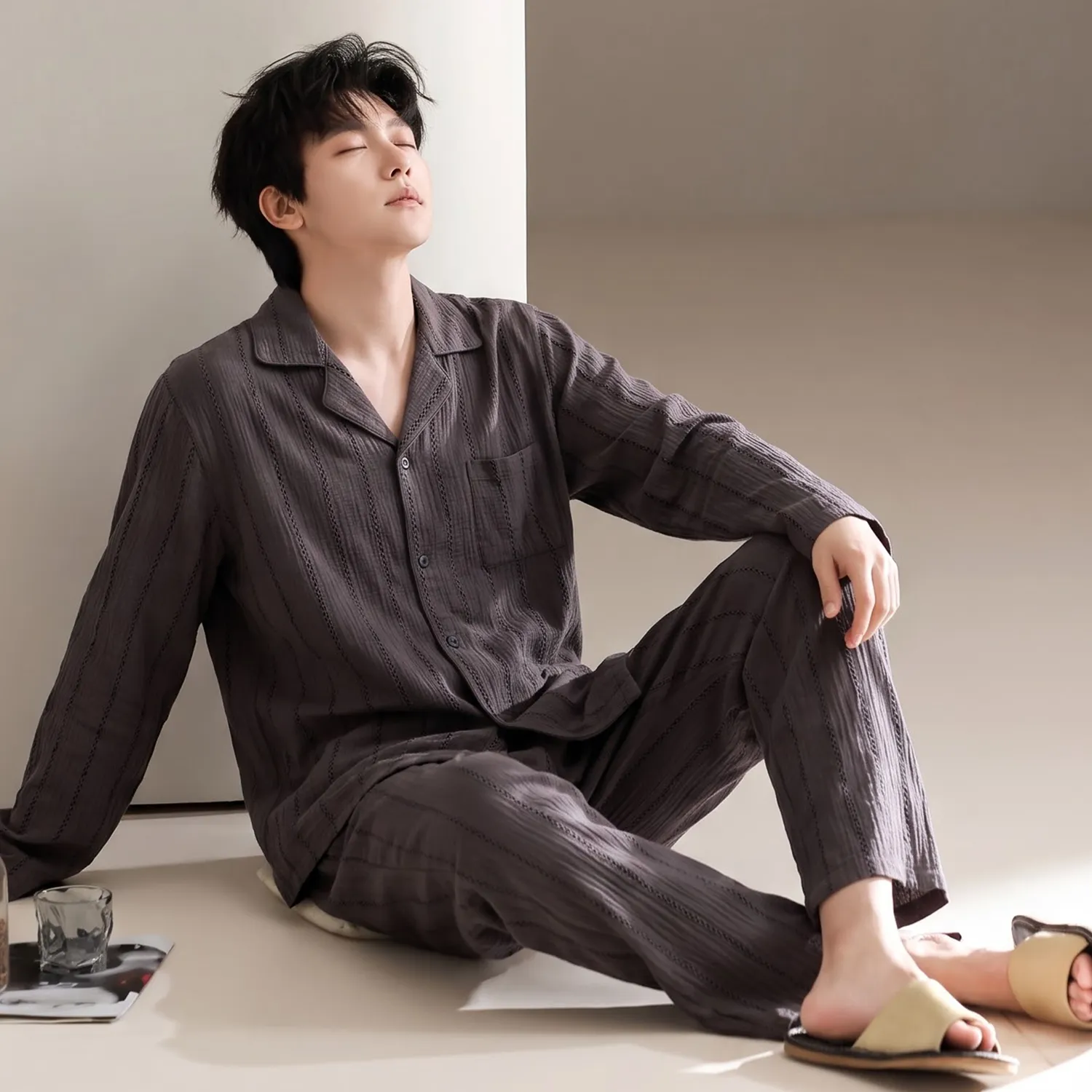 파자마 남성 면사 오픈 카라 남성복 투피스 롱 세트 L-3XL 네 가지 사이즈 · 도매 · OEM · 전 세계 배송 - View 3