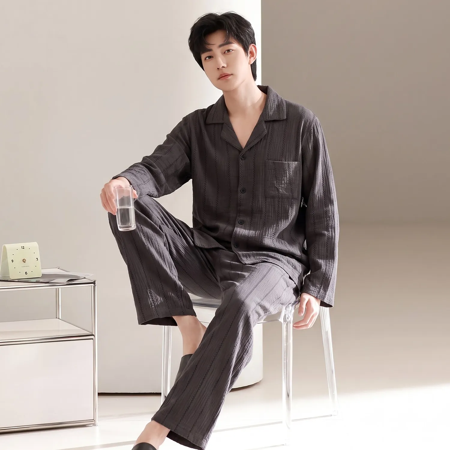 파자마 남성 면사 오픈 카라 남성복 투피스 롱 세트 L-3XL 네 가지 사이즈 · 도매 · OEM · 전 세계 배송 - View 2