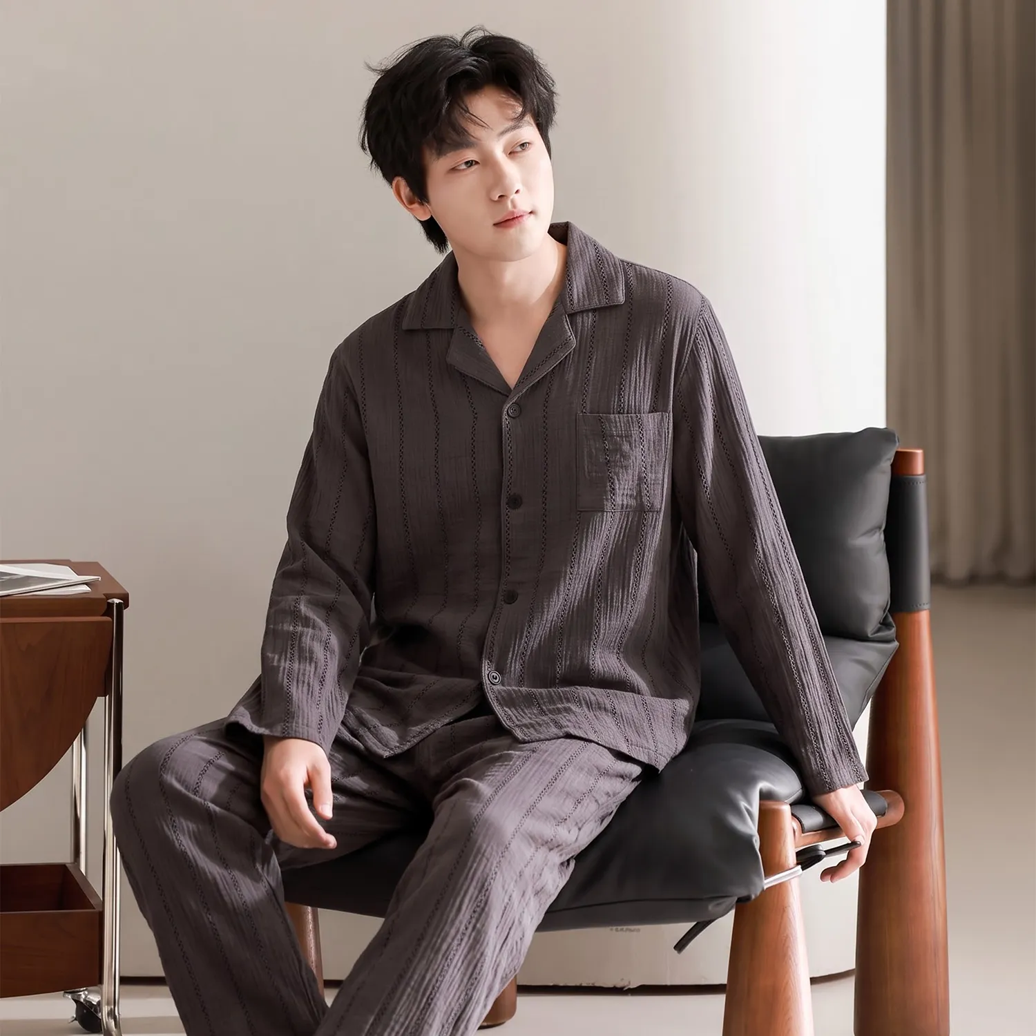 파자마 남성 면사 오픈 카라 남성복 투피스 롱 세트 L-3XL 네 가지 사이즈 · 도매 · OEM · 전 세계 배송 - View 1