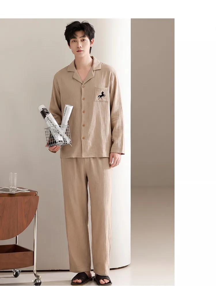 Men's Cotton Gauze Pajama Set, Open-Front Long Sleeve Top and Long Pants, Four Sizes L-3XL · Wholesale · OEM · Worldwide Shipping - Detail 8
