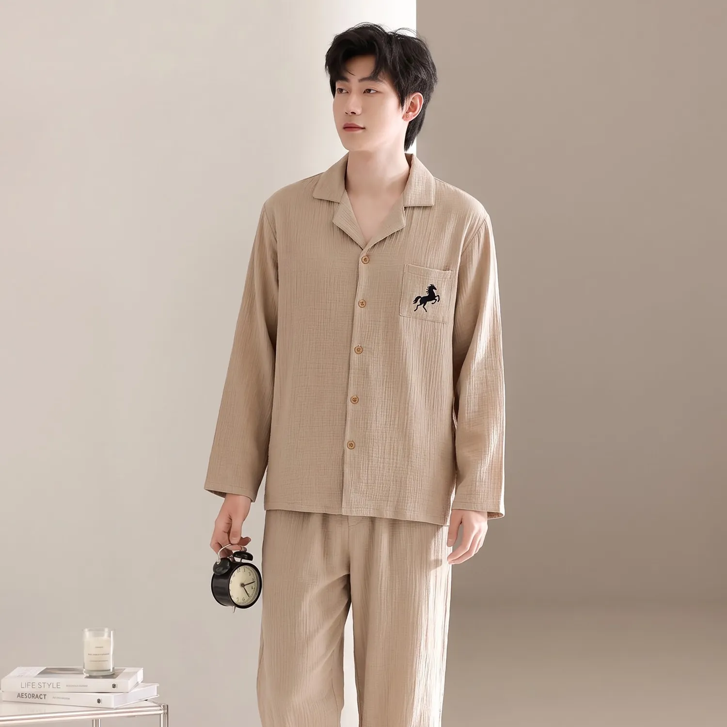 Men's Cotton Gauze Pajama Set, Open-Front Long Sleeve Top and Long Pants, Four Sizes L-3XL · Wholesale · OEM · Worldwide Shipping - View 3