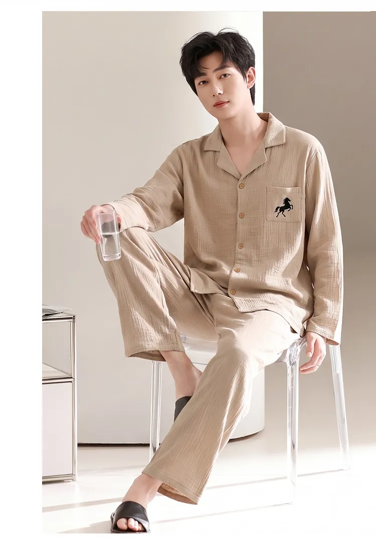 Men's Cotton Gauze Pajama Set, Open-Front Long Sleeve Top and Long Pants, Four Sizes L-3XL · Wholesale · OEM · Worldwide Shipping - Detail 9