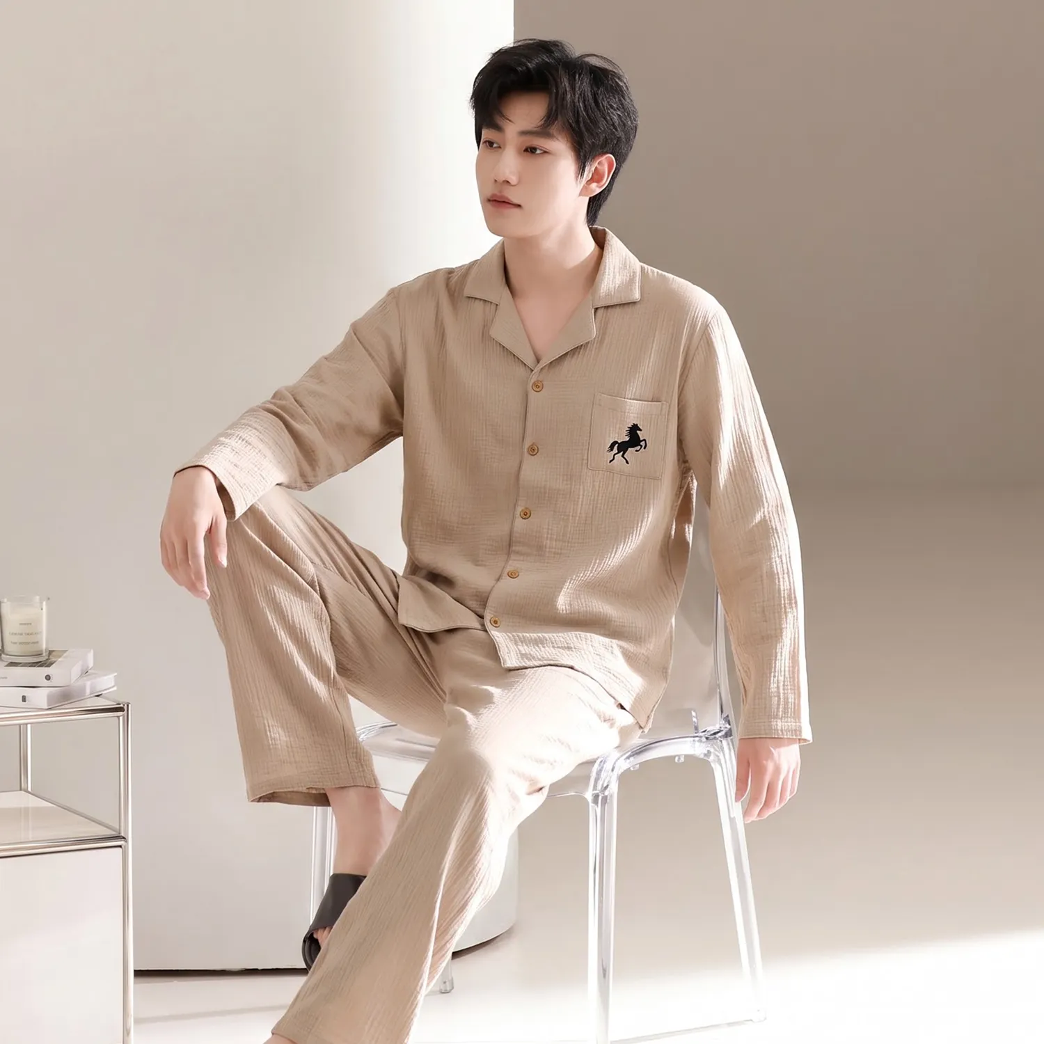 Men's Cotton Gauze Pajama Set, Open-Front Long Sleeve Top and Long Pants, Four Sizes L-3XL · Wholesale · OEM · Worldwide Shipping - View 4