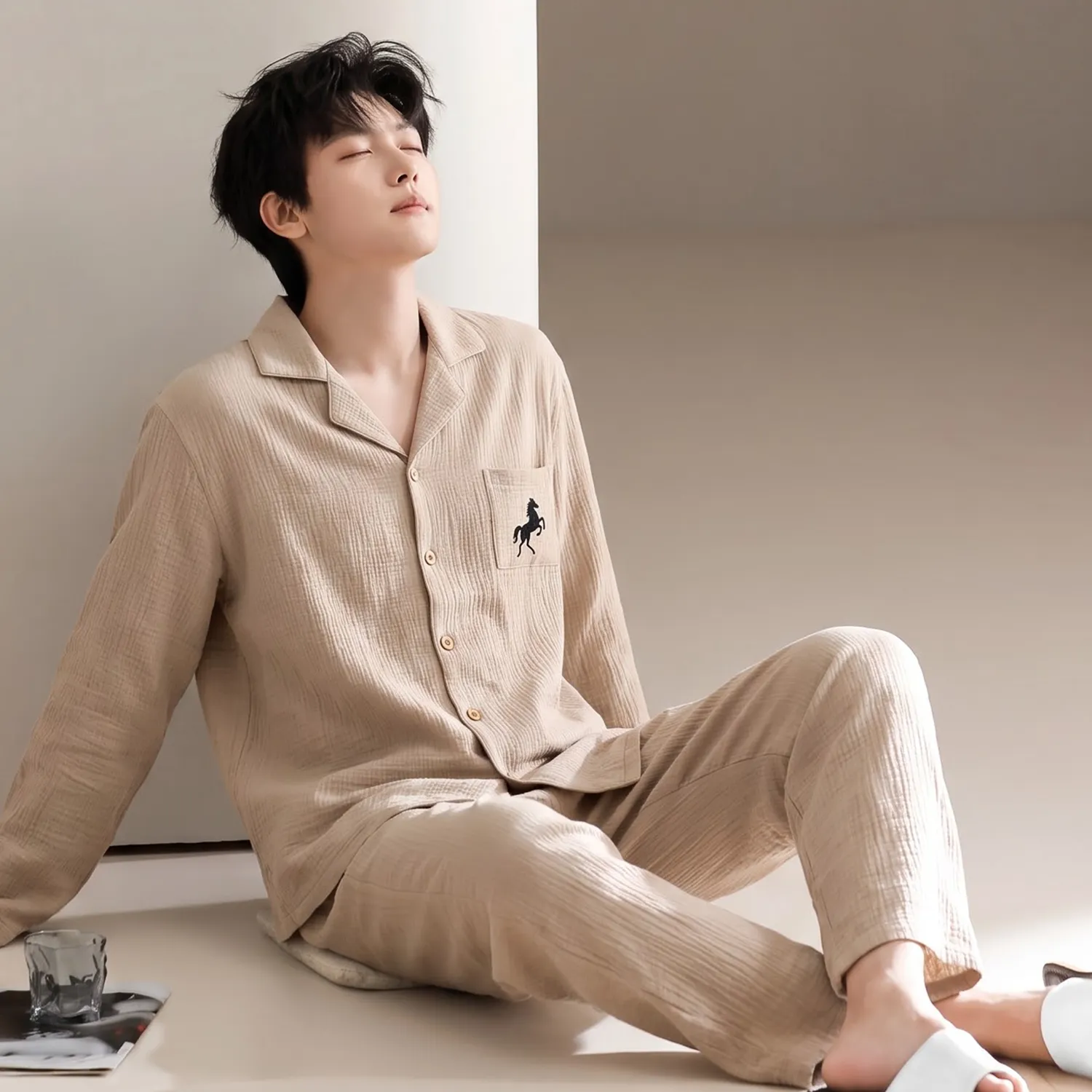 Men's Cotton Gauze Pajama Set, Open-Front Long Sleeve Top and Long Pants, Four Sizes L-3XL · Wholesale · OEM · Worldwide Shipping - View 2