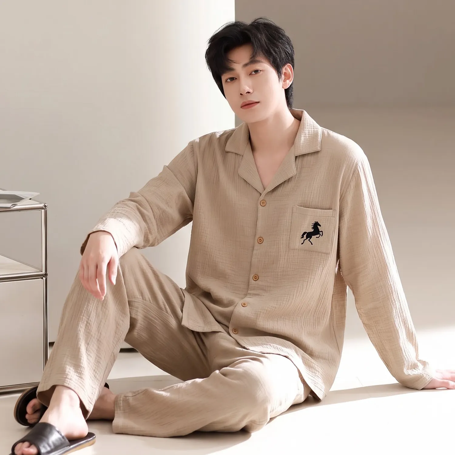 Men's Cotton Gauze Pajama Set, Open-Front Long Sleeve Top and Long Pants, Four Sizes L-3XL · Wholesale · OEM · Worldwide Shipping