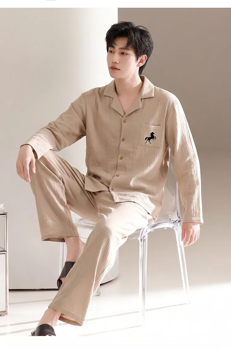 Men's Cotton Gauze Pajama Set, Open-Front Long Sleeve Top and Long Pants, Four Sizes L-3XL · Wholesale · OEM · Worldwide Shipping - Detail 6