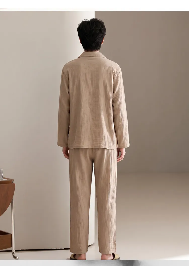 Men's Cotton Gauze Pajama Set, Open-Front Long Sleeve Top and Long Pants, Four Sizes L-3XL · Wholesale · OEM · Worldwide Shipping - Detail 10