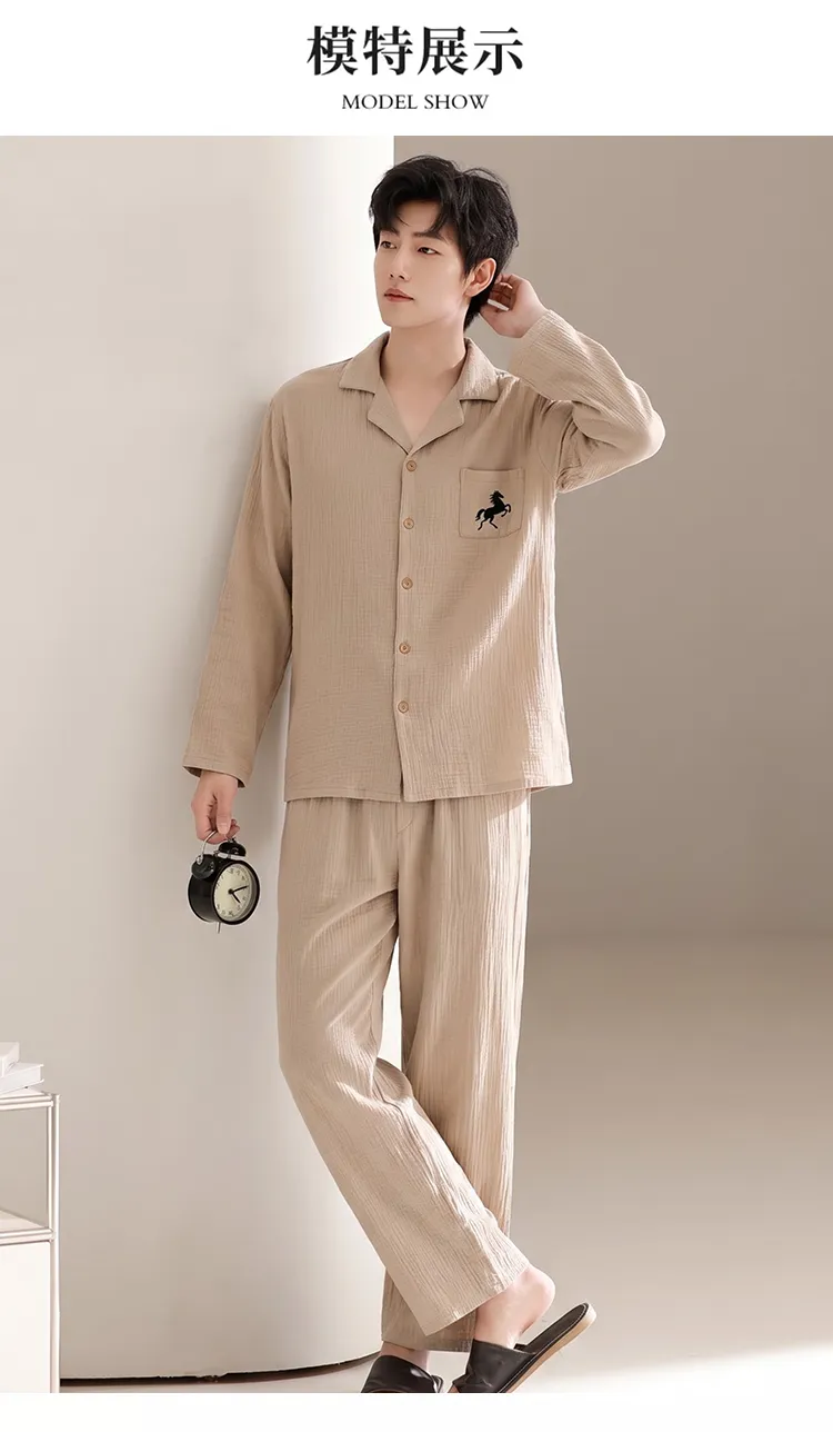 Men's Cotton Gauze Pajama Set, Open-Front Long Sleeve Top and Long Pants, Four Sizes L-3XL · Wholesale · OEM · Worldwide Shipping - Detail 4