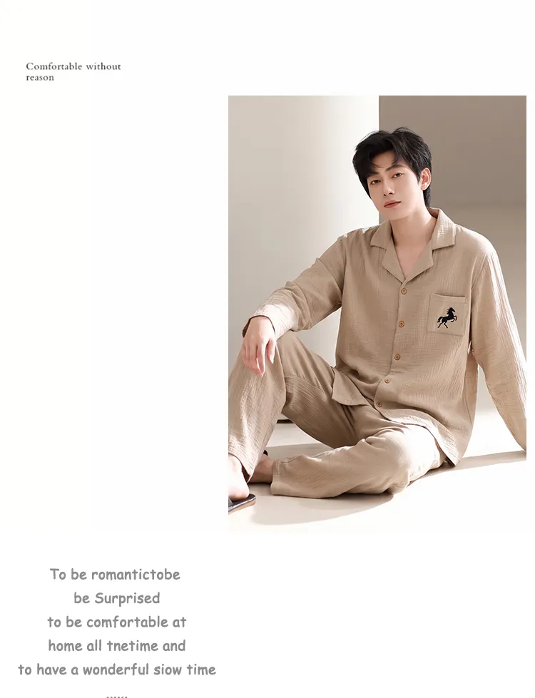 Men's Cotton Gauze Pajama Set, Open-Front Long Sleeve Top and Long Pants, Four Sizes L-3XL · Wholesale · OEM · Worldwide Shipping - Detail 5