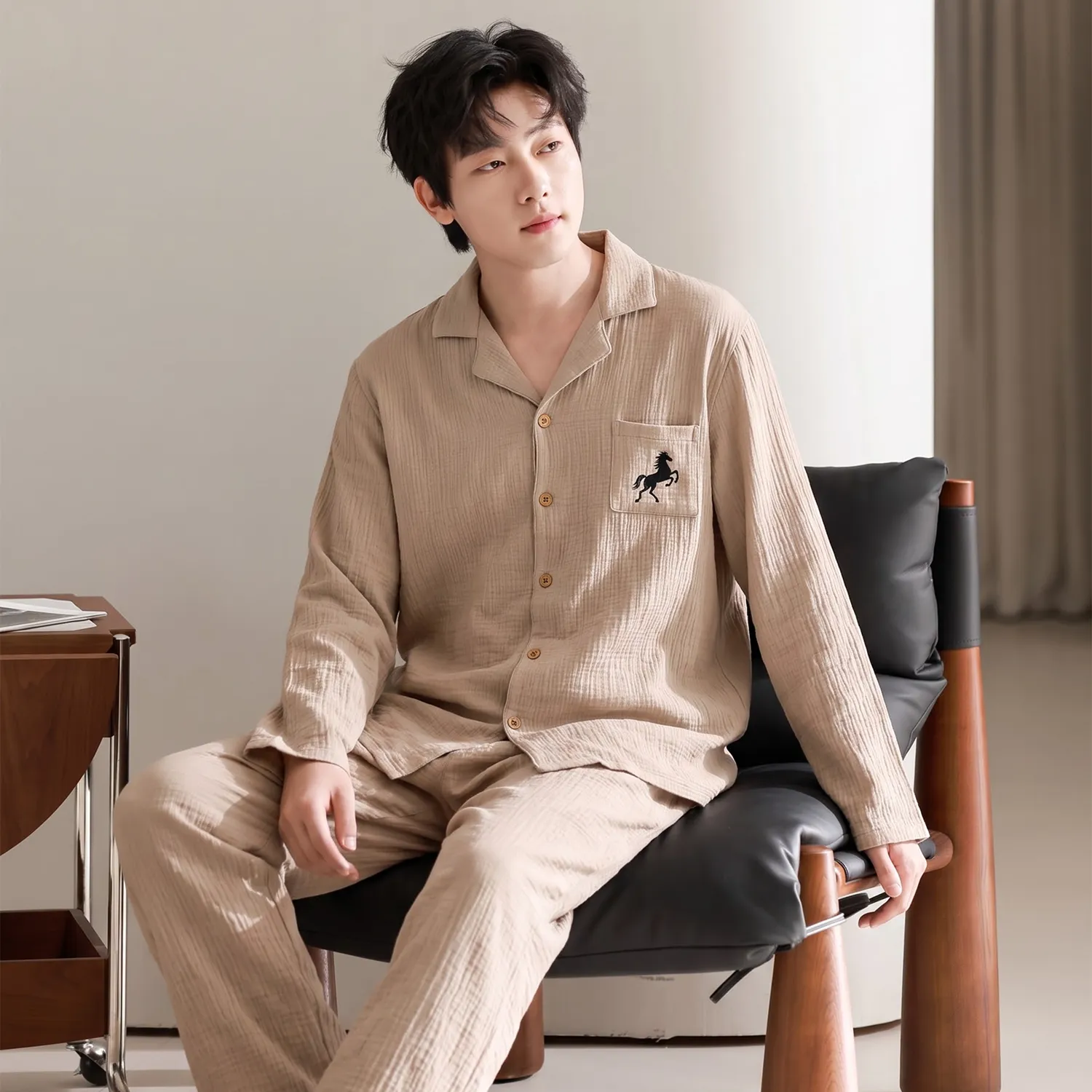 Men's Cotton Gauze Pajama Set, Open-Front Long Sleeve Top and Long Pants, Four Sizes L-3XL · Wholesale · OEM · Worldwide Shipping - View 1