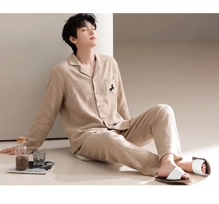 Men's Cotton Gauze Pajama Set, Open-Front Long Sleeve Top and Long Pants, Four Sizes L-3XL · Wholesale · OEM · Worldwide Shipping - Detail 7