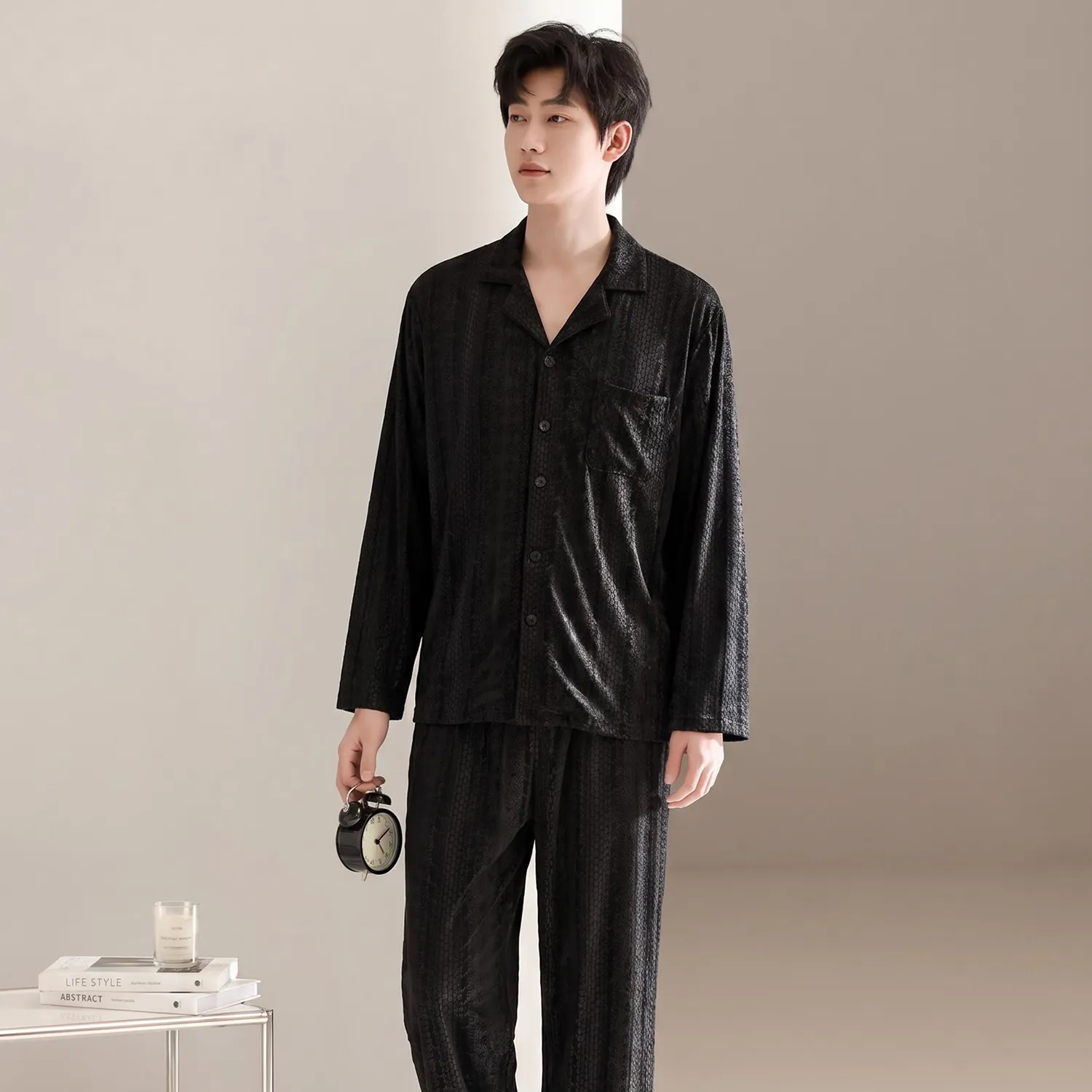 Men's Cotton Gauze Pajama Set, Open-Front Long Sleeve Top and Long Pants, Four Sizes L-3XL · Wholesale · OEM · Worldwide Shipping - View 4
