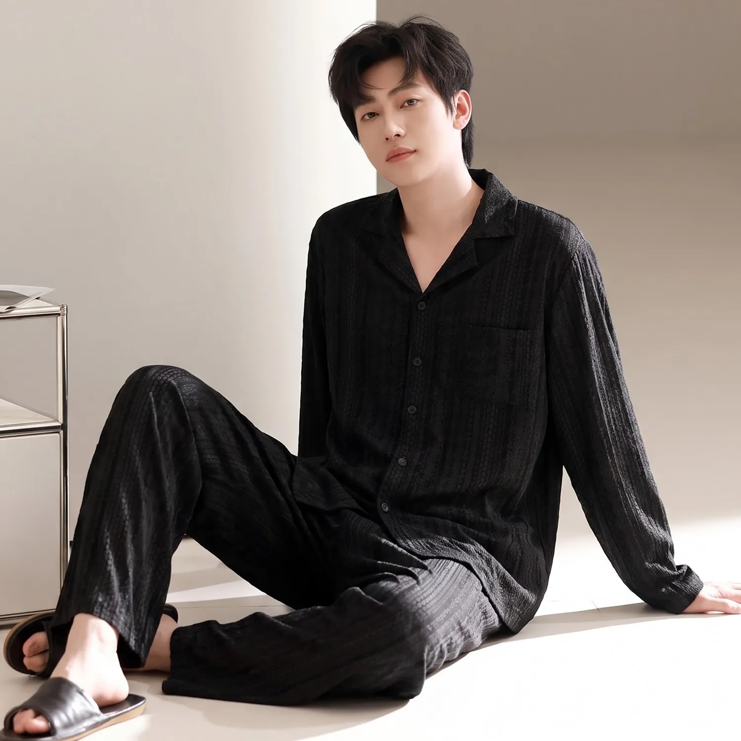 Men's Cotton Gauze Pajama Set, Open-Front Long Sleeve Top and Long Pants, Four Sizes L-3XL · Wholesale · OEM · Worldwide Shipping