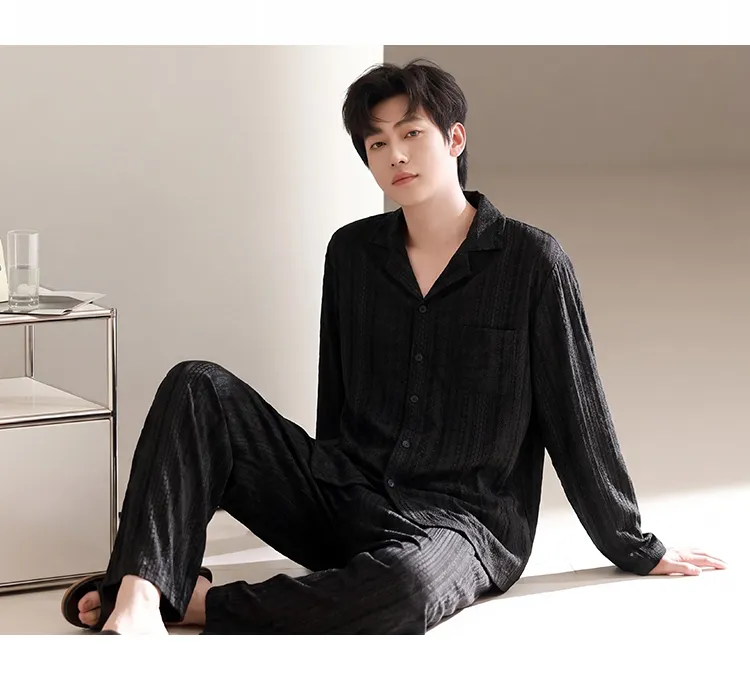 Men's Cotton Gauze Pajama Set, Open-Front Long Sleeve Top and Long Pants, Four Sizes L-3XL · Wholesale · OEM · Worldwide Shipping - Detail 7
