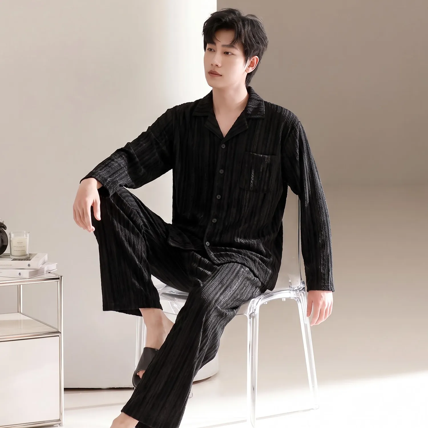 Men's Cotton Gauze Pajama Set, Open-Front Long Sleeve Top and Long Pants, Four Sizes L-3XL · Wholesale · OEM · Worldwide Shipping - View 3