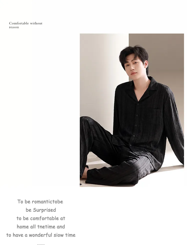 Men's Cotton Gauze Pajama Set, Open-Front Long Sleeve Top and Long Pants, Four Sizes L-3XL · Wholesale · OEM · Worldwide Shipping - Detail 5