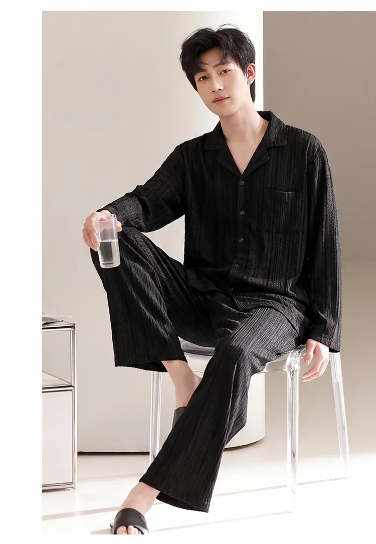 Men's Cotton Gauze Pajama Set, Open-Front Long Sleeve Top and Long Pants, Four Sizes L-3XL · Wholesale · OEM · Worldwide Shipping - Detail 9