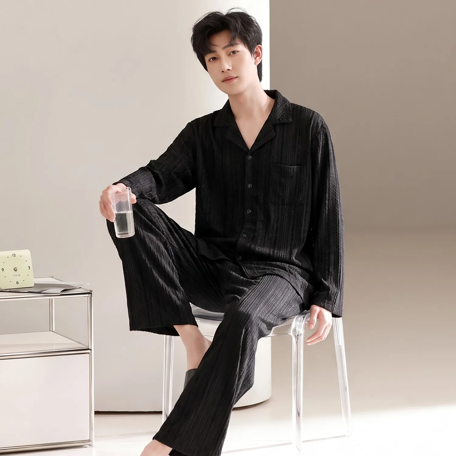Men's Cotton Gauze Pajama Set, Open-Front Long Sleeve Top and Long Pants, Four Sizes L-3XL · Wholesale · OEM · Worldwide Shipping - View 1