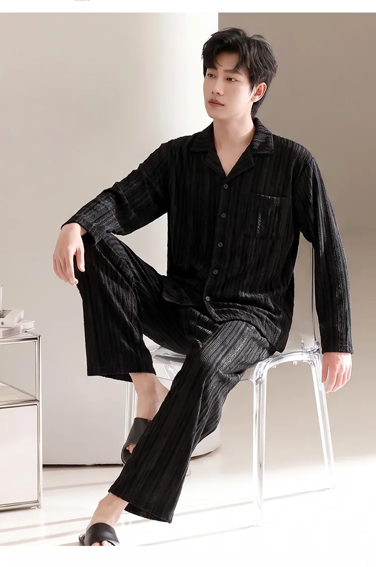 Men's Cotton Gauze Pajama Set, Open-Front Long Sleeve Top and Long Pants, Four Sizes L-3XL · Wholesale · OEM · Worldwide Shipping - Detail 6