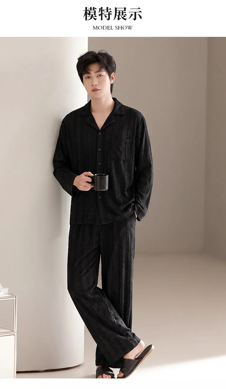 Men's Cotton Gauze Pajama Set, Open-Front Long Sleeve Top and Long Pants, Four Sizes L-3XL · Wholesale · OEM · Worldwide Shipping - Detail 4