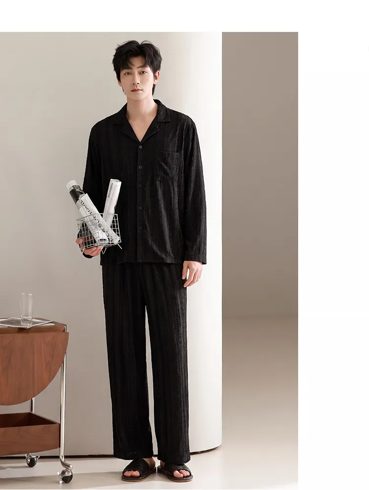 Men's Cotton Gauze Pajama Set, Open-Front Long Sleeve Top and Long Pants, Four Sizes L-3XL · Wholesale · OEM · Worldwide Shipping - Detail 8