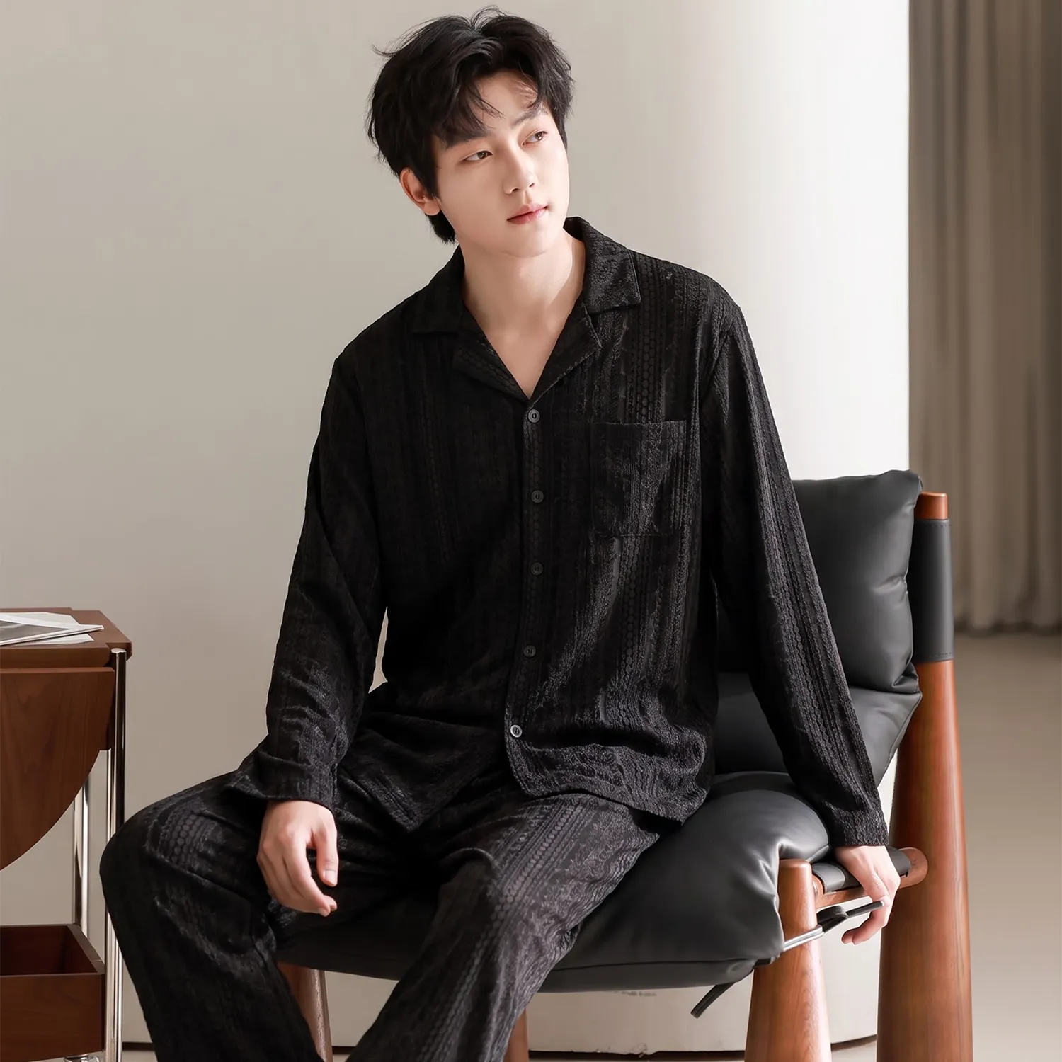 Men's Cotton Gauze Pajama Set, Open-Front Long Sleeve Top and Long Pants, Four Sizes L-3XL · Wholesale · OEM · Worldwide Shipping - View 2