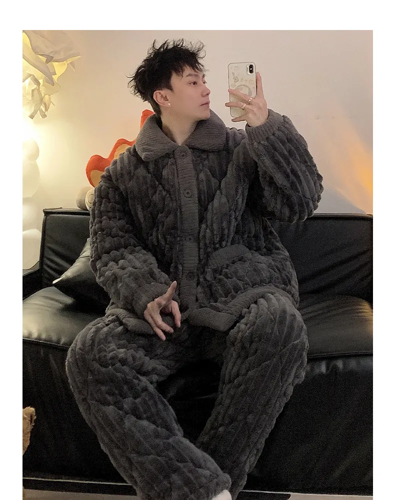 2026 New Winter Flannel Pajamas for Men Autumn Winter Thickened Fleece Three-Layer Quilted Loungewear Set · Wholesale · OEM · Worldwide Shipping - Detail 10
