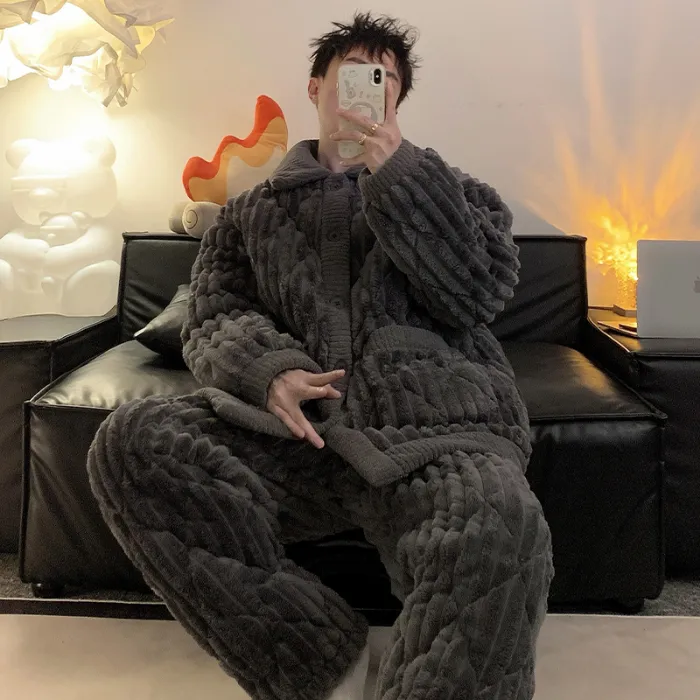 2026 New Winter Flannel Pajamas for Men Autumn Winter Thickened Fleece Three-Layer Quilted Loungewear Set · Wholesale · OEM · Worldwide Shipping - Detail 1