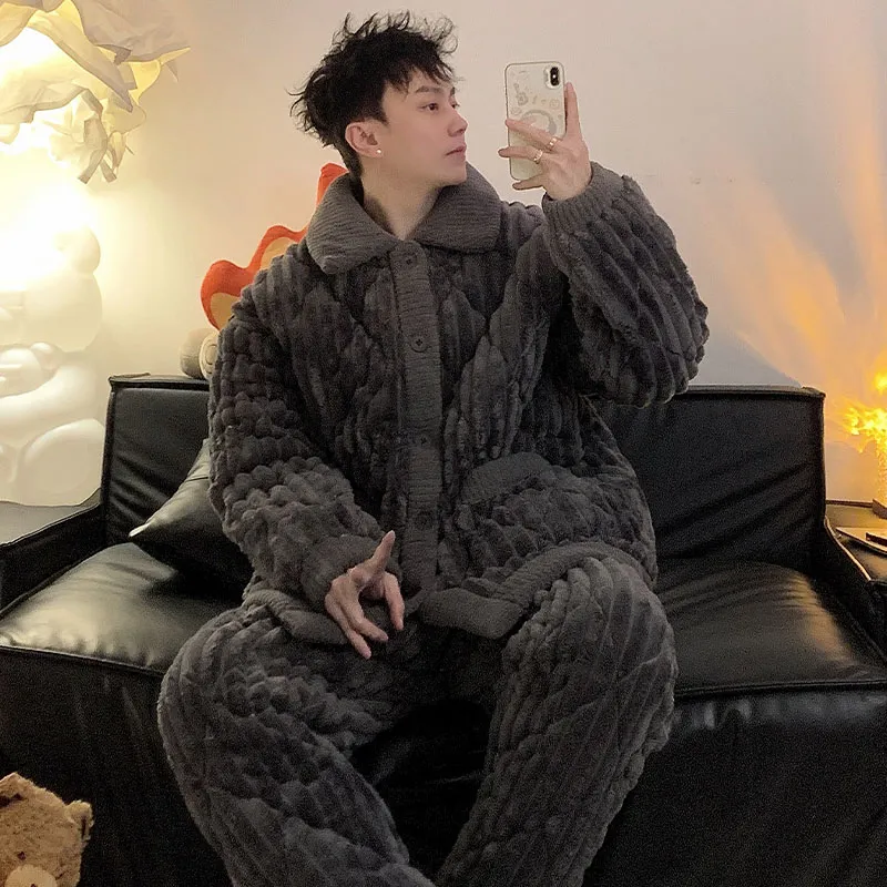 2026 New Winter Flannel Pajamas for Men Autumn Winter Thickened Fleece Three-Layer Quilted Loungewear Set · Wholesale · OEM · Worldwide Shipping - View 4