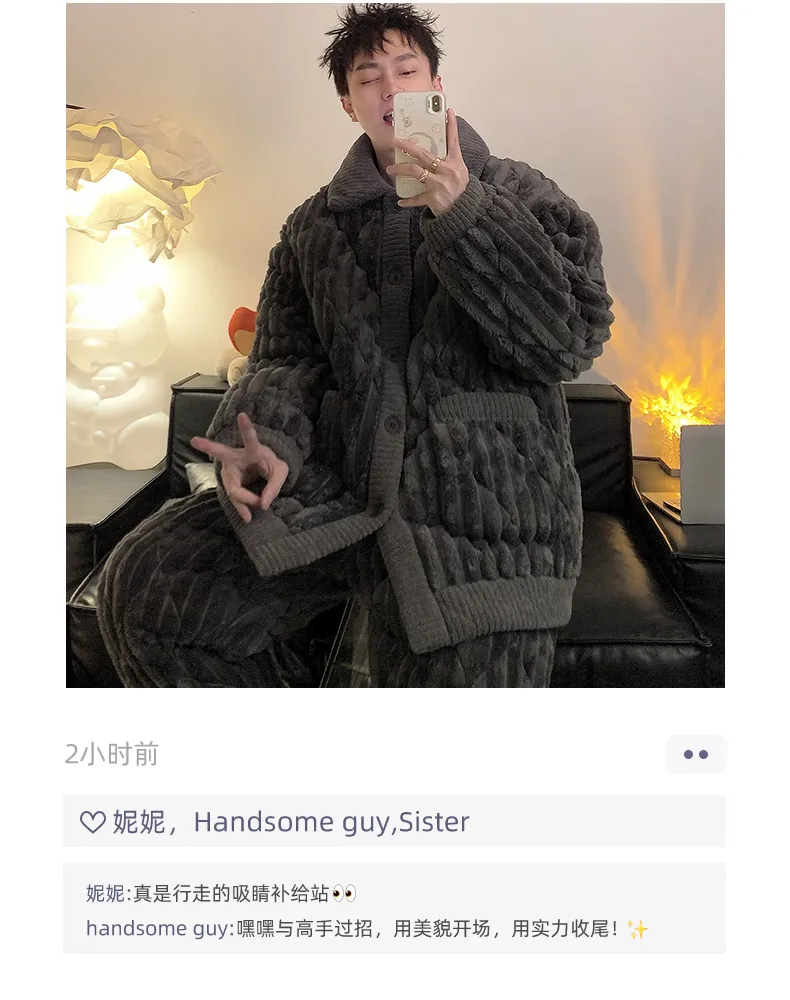 2026 New Winter Flannel Pajamas for Men Autumn Winter Thickened Fleece Three-Layer Quilted Loungewear Set · Wholesale · OEM · Worldwide Shipping - Detail 4