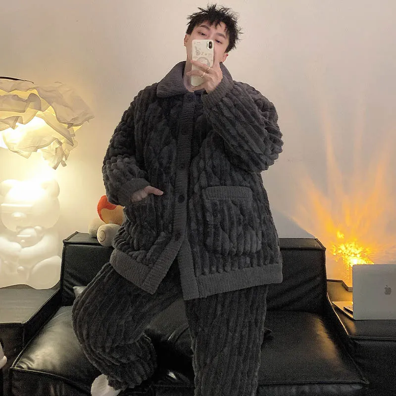2026 New Winter Flannel Pajamas for Men Autumn Winter Thickened Fleece Three-Layer Quilted Loungewear Set · Wholesale · OEM · Worldwide Shipping