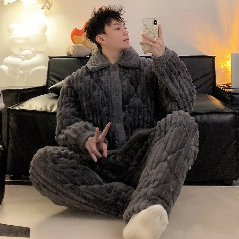 2026 New Winter Flannel Pajamas for Men Autumn Winter Thickened Fleece Three-Layer Quilted Loungewear Set · Wholesale · OEM · Worldwide Shipping - View 1