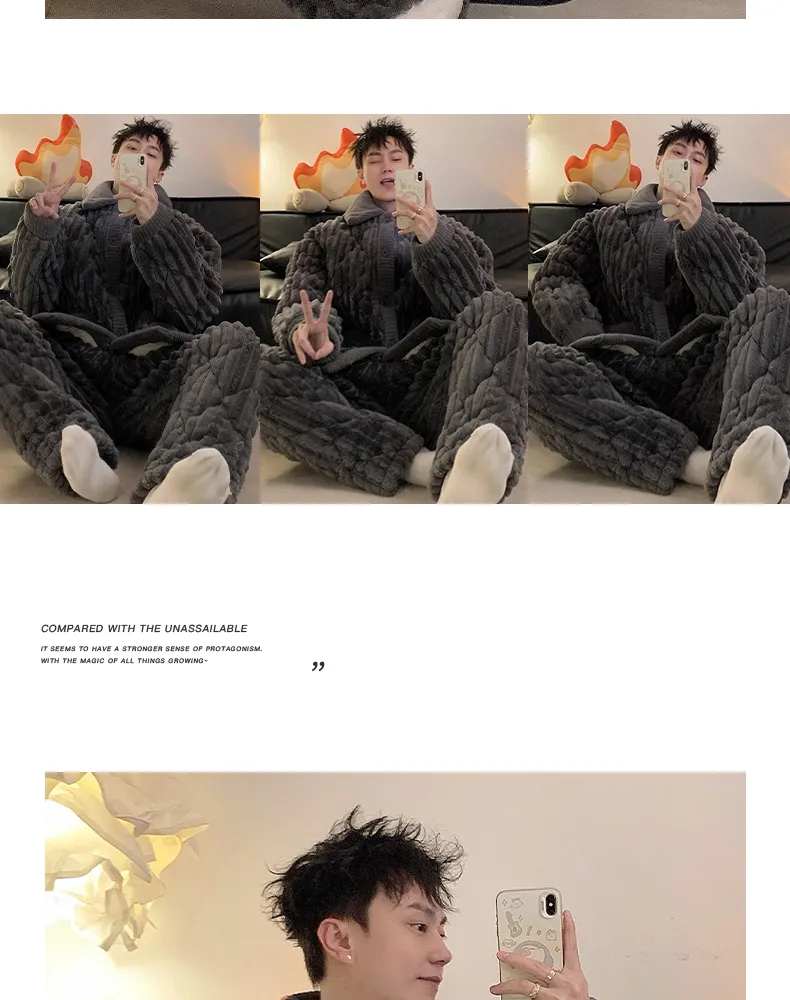 2026 New Winter Flannel Pajamas for Men Autumn Winter Thickened Fleece Three-Layer Quilted Loungewear Set · Wholesale · OEM · Worldwide Shipping - Detail 11