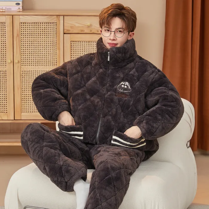 2026 New Winter Long Plush Pajamas for Men Autumn Winter Thickened Fleece Three-Layer Quilted Loungewear Set · Wholesale · OEM · Worldwide Shipping - Detail 1