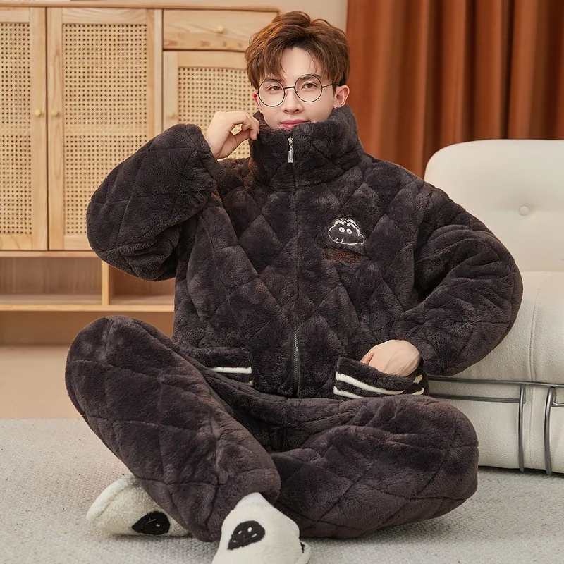 2026 New Winter Long Plush Pajamas for Men Autumn Winter Thickened Fleece Three-Layer Quilted Loungewear Set · Wholesale · OEM · Worldwide Shipping - View 3