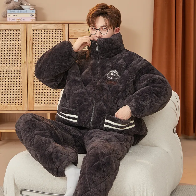 2026 New Winter Long Plush Pajamas for Men Autumn Winter Thickened Fleece Three-Layer Quilted Loungewear Set · Wholesale · OEM · Worldwide Shipping