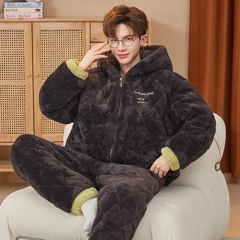 2026 New Winter Long Plush Pajamas for Men Autumn Winter Thickened Fleece Three-Layer Quilted Loungewear Set · Wholesale · OEM · Worldwide Shipping