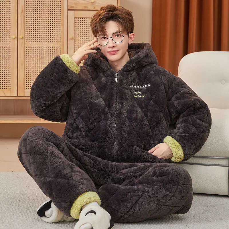 2026 New Winter Long Plush Pajamas for Men Autumn Winter Thickened Fleece Three-Layer Quilted Loungewear Set · Wholesale · OEM · Worldwide Shipping - View 3
