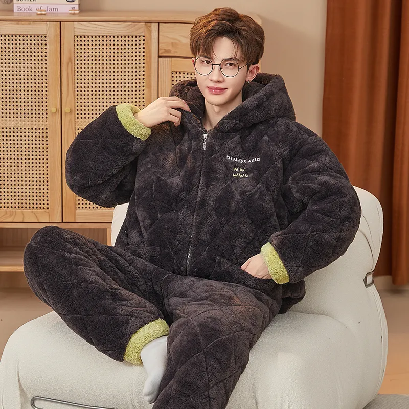2026 New Winter Long Plush Pajamas for Men Autumn Winter Thickened Fleece Three-Layer Quilted Loungewear Set · Wholesale · OEM · Worldwide Shipping - View 2