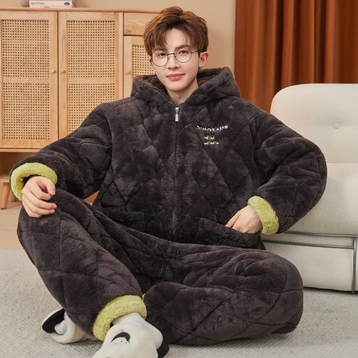 2026 New Winter Long Plush Pajamas for Men Autumn Winter Thickened Fleece Three-Layer Quilted Loungewear Set · Wholesale · OEM · Worldwide Shipping - Detail 1