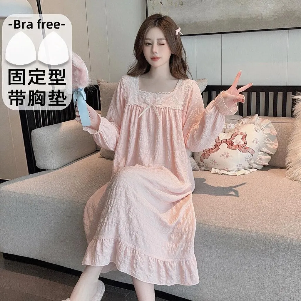 Qiaomengran リボンギャザーレース長袖無地ナイトドレス レディース 春秋 プルオーバー角首ミッドロングルームウェア · 卸売 · OEM · 世界へ発送 - Detail 1
