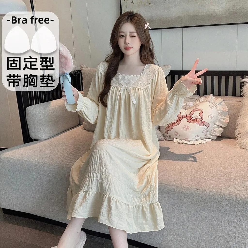 Qiaomengran リボンギャザーレース長袖無地ナイトドレス レディース 春秋 プルオーバー角首ミッドロングルームウェア · 卸売 · OEM · 世界へ発送 - Detail 2