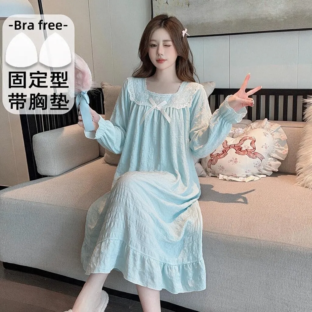 Qiaomengran Chemise de nuit femme nœud plissé dentelle manches longues uni, printemps-automne, col carré pull, vêtement d'intérieur mi-long · Grossiste · OEM · Mondial