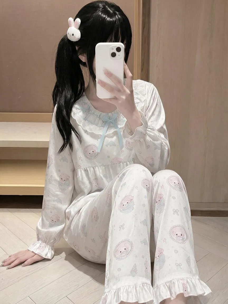 Qiaomengran Soft Girl Cute Doll Collar Sweet Pajama Women Spring Autumn Long Sleeve Thin Ins Long Sleeve · Wholesale · OEM · Worldwide Shipping - Detail 1